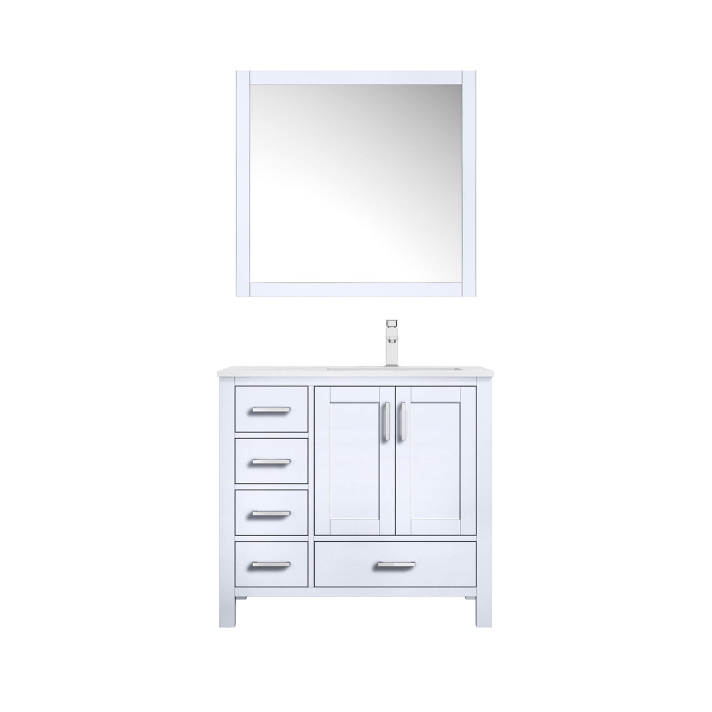 Jacques 36" White, Dark Grey, Distressed Grey, Navy Blue Single Vanity, Available with White Carrara Marble Top, White Square Sink and 34" Mirror and Faucet-Right Version - The Bath Vanities