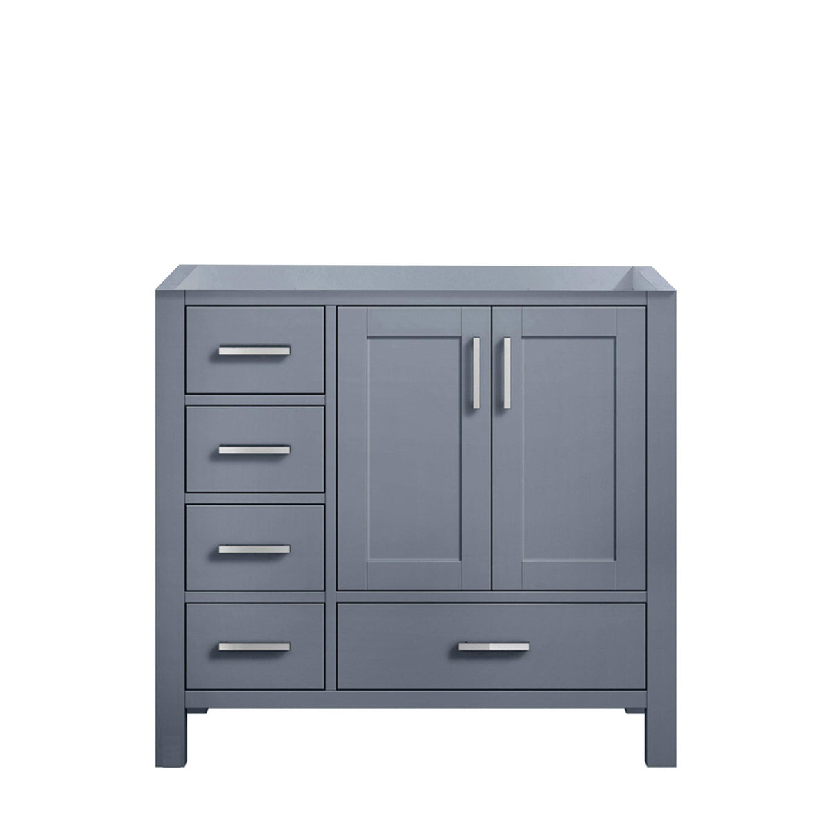Jacques 36" White, Dark Grey, Distressed Grey, Navy Blue Single Vanity, Available with White Carrara Marble Top, White Square Sink and 34" Mirror and Faucet-Right Version - The Bath Vanities