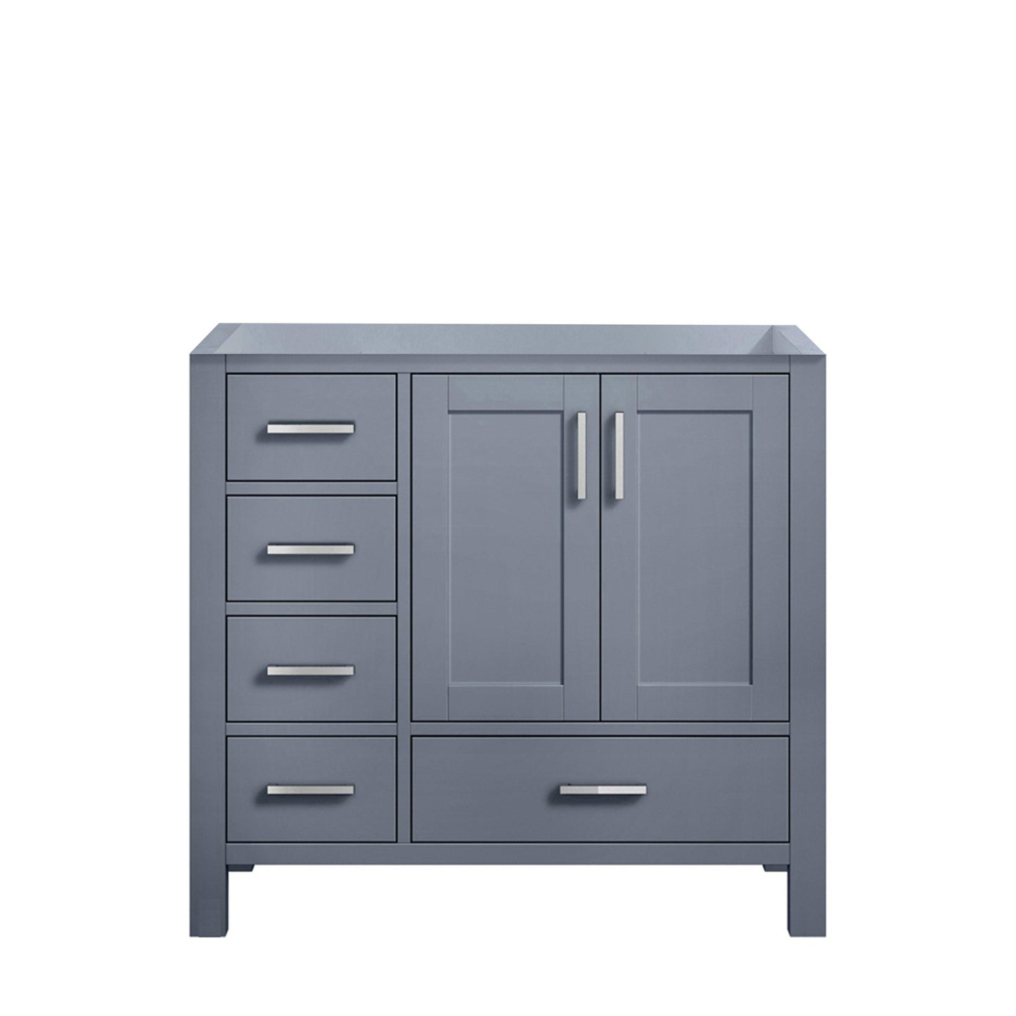 Jacques 36" White, Dark Grey, Distressed Grey, Navy Blue Single Vanity, Available with White Carrara Marble Top, White Square Sink and 34" Mirror and Faucet-Right Version - The Bath Vanities