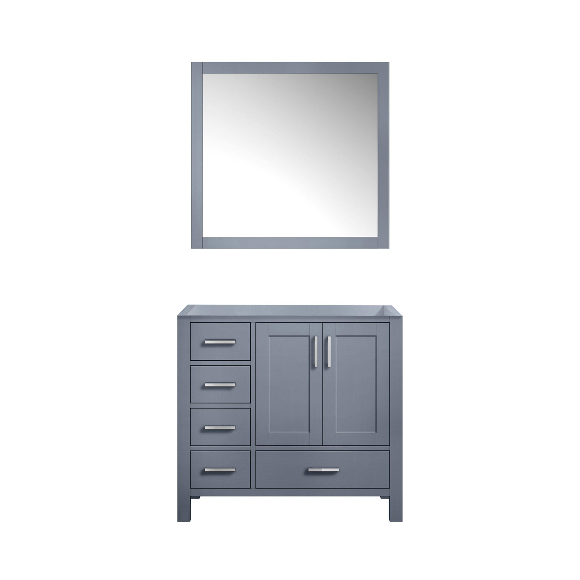 Jacques 36" White, Dark Grey, Distressed Grey, Navy Blue Single Vanity, Available with White Carrara Marble Top, White Square Sink and 34" Mirror and Faucet-Right Version - The Bath Vanities