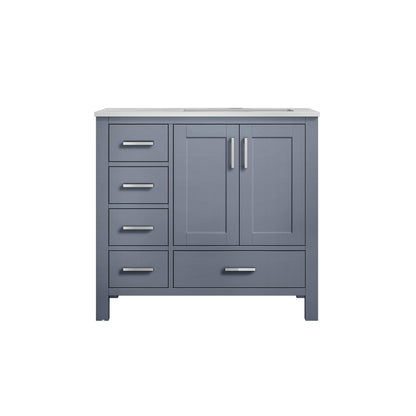 Jacques 36" White, Dark Grey, Distressed Grey, Navy Blue Single Vanity, Available with White Carrara Marble Top, White Square Sink and 34" Mirror and Faucet-Right Version - The Bath Vanities