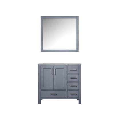 Jacques 36" White, Dark Grey, Distressed Grey, Navy Blue Single Vanity, Available with White Carrara Marble Top, White Square Sink and 34" Mirror and Faucet-Left Version - The Bath Vanities