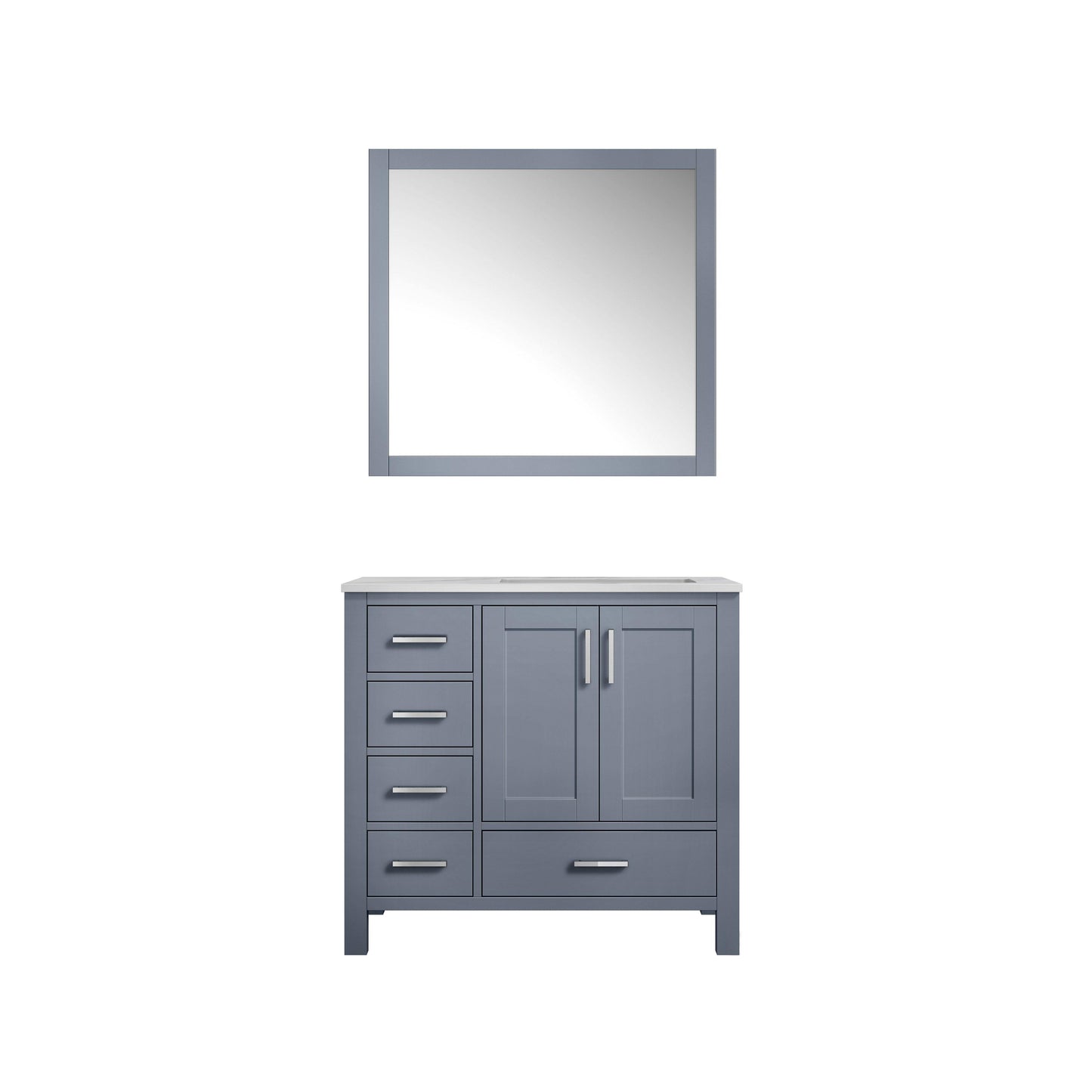 Jacques 36" White, Dark Grey, Distressed Grey, Navy Blue Single Vanity, Available with White Carrara Marble Top, White Square Sink and 34" Mirror and Faucet-Right Version - The Bath Vanities