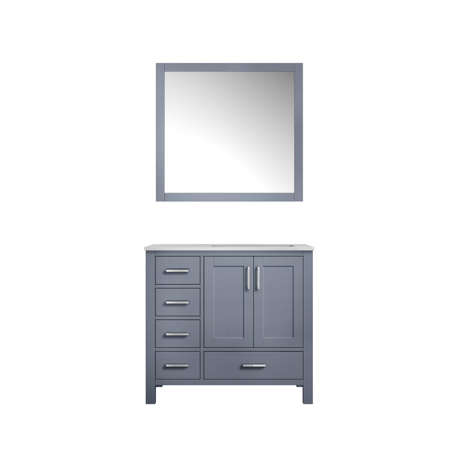 Jacques 36" White, Dark Grey, Distressed Grey, Navy Blue Single Vanity, Available with White Carrara Marble Top, White Square Sink and 34" Mirror and Faucet-Right Version - The Bath Vanities