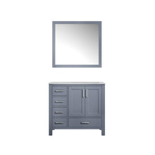 Load image into Gallery viewer, Jacques 36&quot; White, Dark Grey, Distressed Grey, Navy Blue Single Vanity, Available with White Carrara Marble Top, White Square Sink and 34&quot; Mirror and Faucet-Right Version - The Bath Vanities