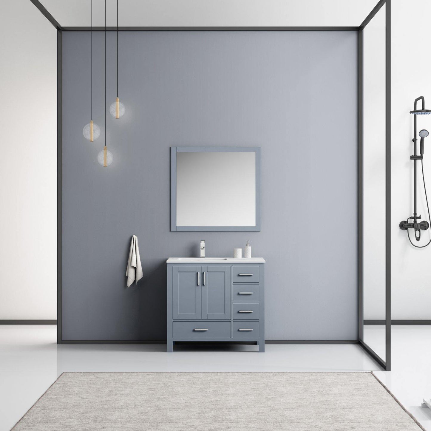 Jacques 36" White, Dark Grey, Distressed Grey, Navy Blue Single Vanity, Available with White Carrara Marble Top, White Square Sink and 34" Mirror and Faucet-Left Version - The Bath Vanities