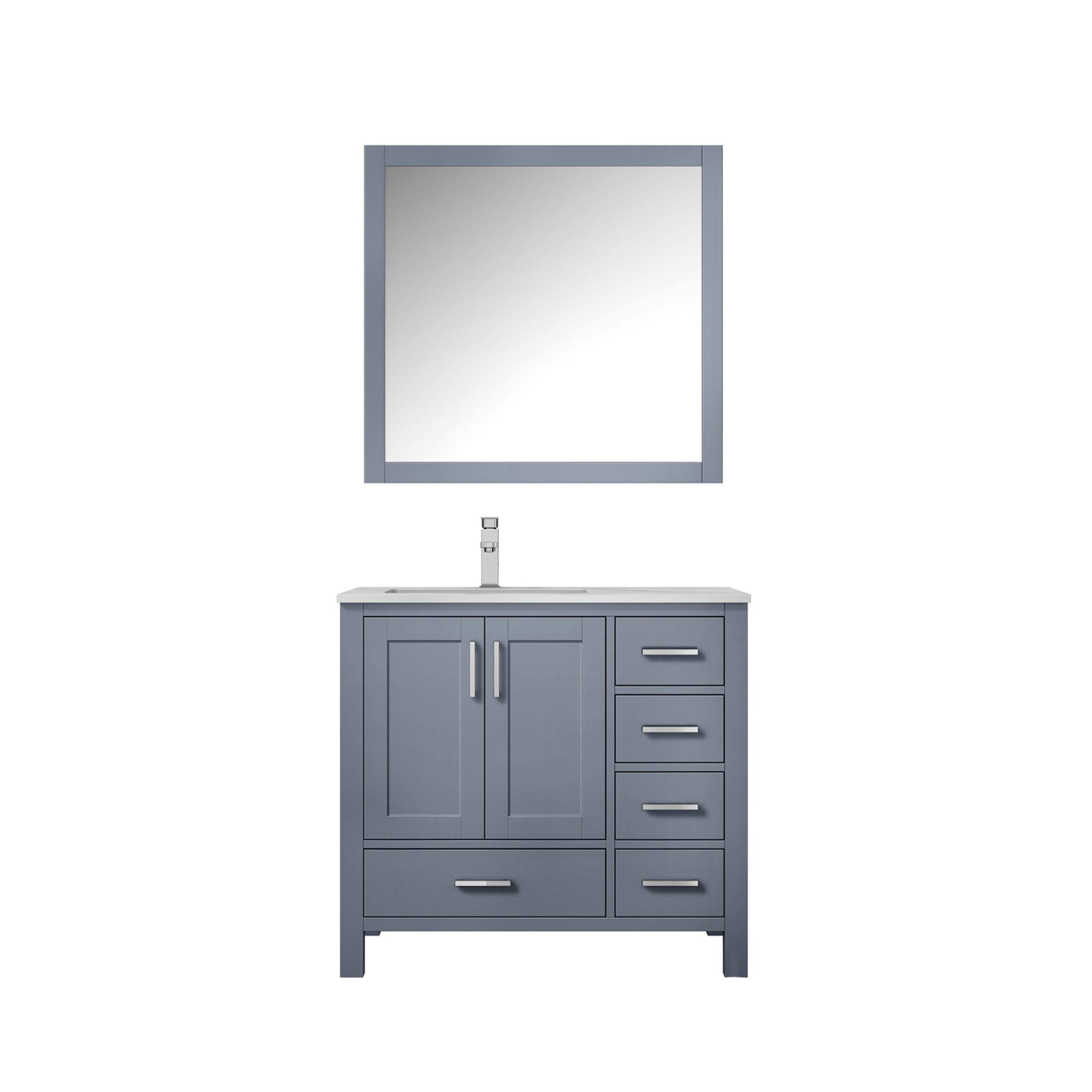 Jacques 36" White, Dark Grey, Distressed Grey, Navy Blue Single Vanity, Available with White Carrara Marble Top, White Square Sink and 34" Mirror and Faucet-Left Version - The Bath Vanities