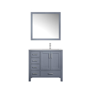 Jacques 36" White, Dark Grey, Distressed Grey, Navy Blue Single Vanity, Available with White Carrara Marble Top, White Square Sink and 34" Mirror and Faucet-Right Version - The Bath Vanities