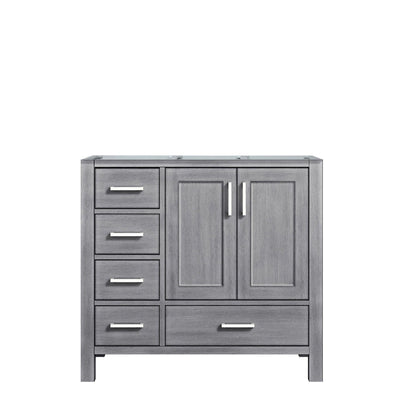 Jacques 36" White, Dark Grey, Distressed Grey, Navy Blue Single Vanity, Available with White Carrara Marble Top, White Square Sink and 34" Mirror and Faucet-Right Version - The Bath Vanities