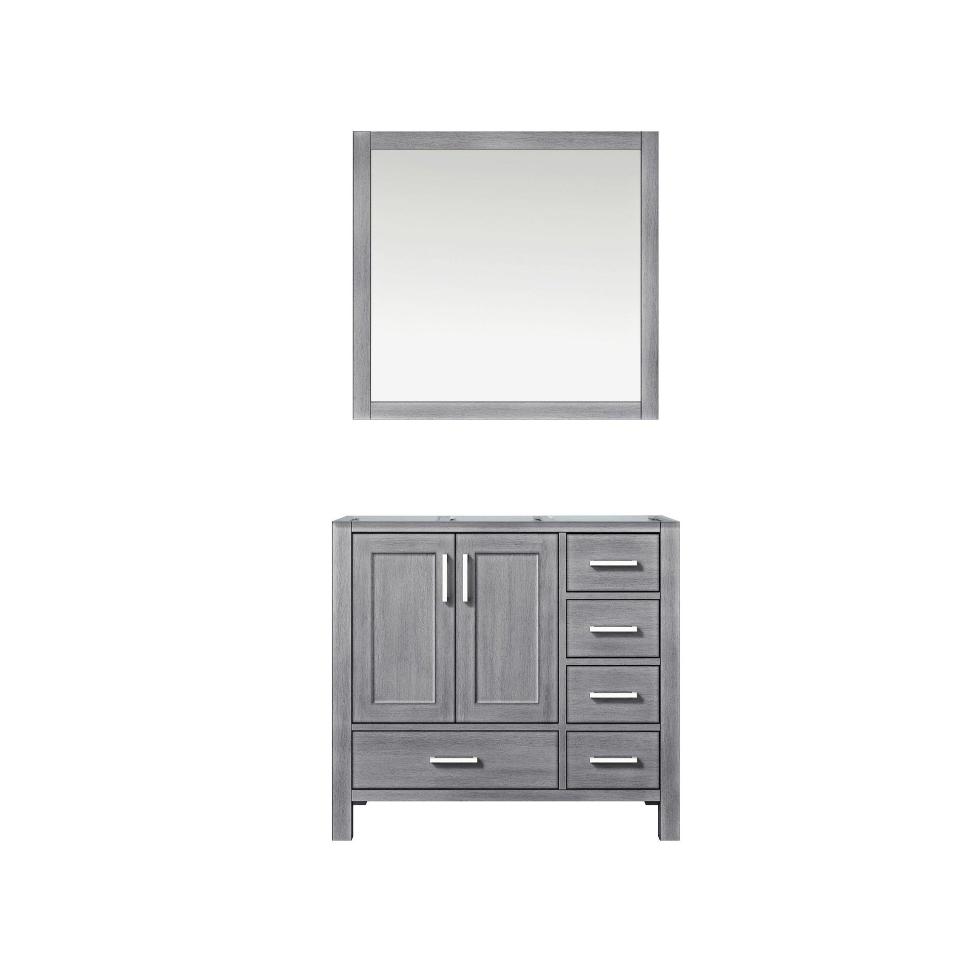 Jacques 36" White, Dark Grey, Distressed Grey, Navy Blue Single Vanity, Available with White Carrara Marble Top, White Square Sink and 34" Mirror and Faucet-Left Version - The Bath Vanities