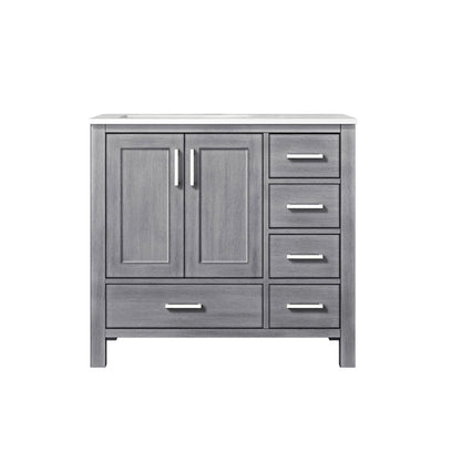 Jacques 36" White, Dark Grey, Distressed Grey, Navy Blue Single Vanity, Available with White Carrara Marble Top, White Square Sink and 34" Mirror and Faucet-Left Version - The Bath Vanities