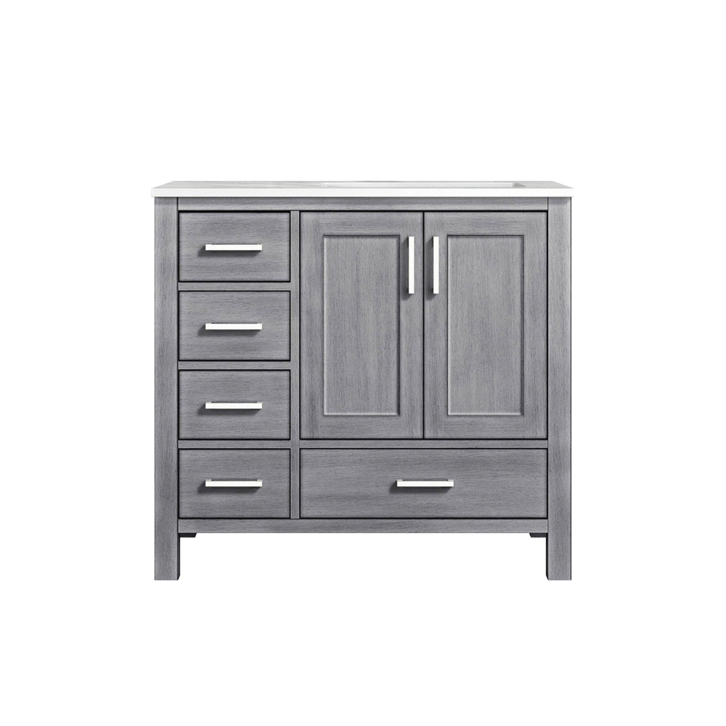 Jacques 36" White, Dark Grey, Distressed Grey, Navy Blue Single Vanity, Available with White Carrara Marble Top, White Square Sink and 34" Mirror and Faucet-Right Version - The Bath Vanities