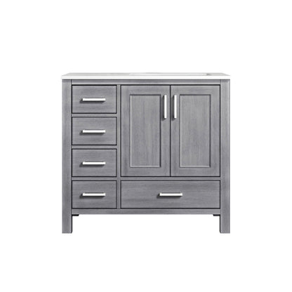 Jacques 36" White, Dark Grey, Distressed Grey, Navy Blue Single Vanity, Available with White Carrara Marble Top, White Square Sink and 34" Mirror and Faucet-Right Version - The Bath Vanities