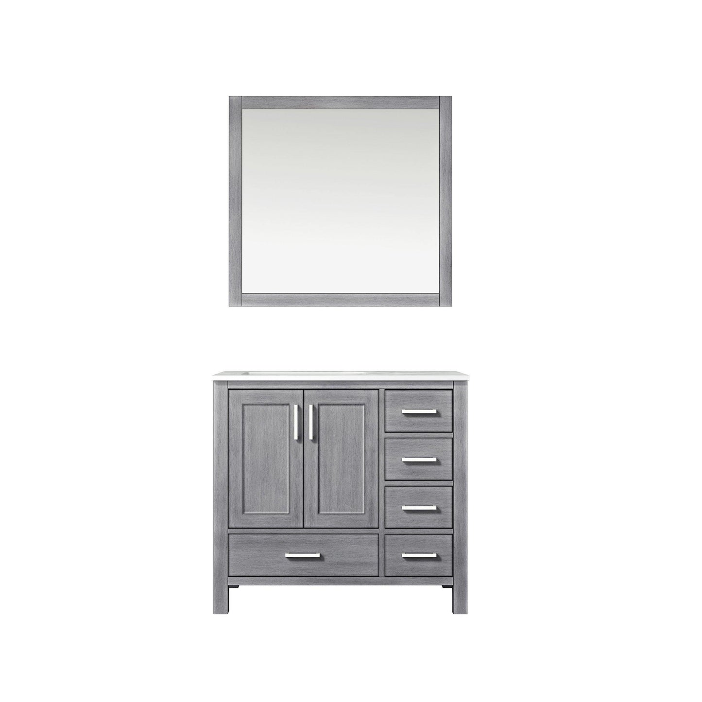 Jacques 36" White, Dark Grey, Distressed Grey, Navy Blue Single Vanity, Available with White Carrara Marble Top, White Square Sink and 34" Mirror and Faucet-Left Version - The Bath Vanities