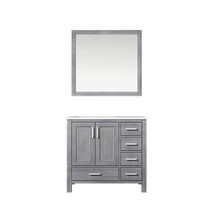 Load image into Gallery viewer, Jacques 36&quot; White, Dark Grey, Distressed Grey, Navy Blue Single Vanity, Available with White Carrara Marble Top, White Square Sink and 34&quot; Mirror and Faucet-Left Version - The Bath Vanities