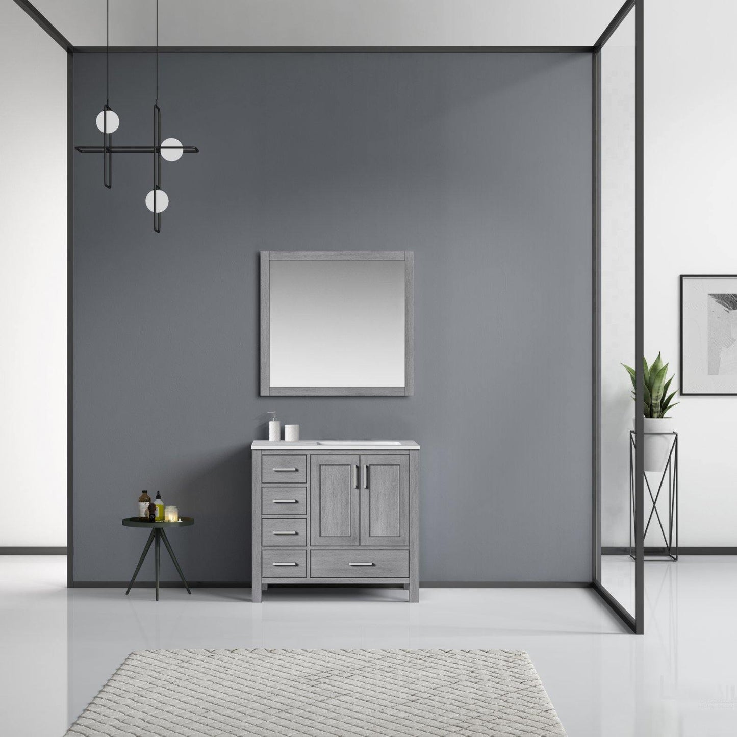 Jacques 36" White, Dark Grey, Distressed Grey, Navy Blue Single Vanity, Available with White Carrara Marble Top, White Square Sink and 34" Mirror and Faucet-Right Version - The Bath Vanities