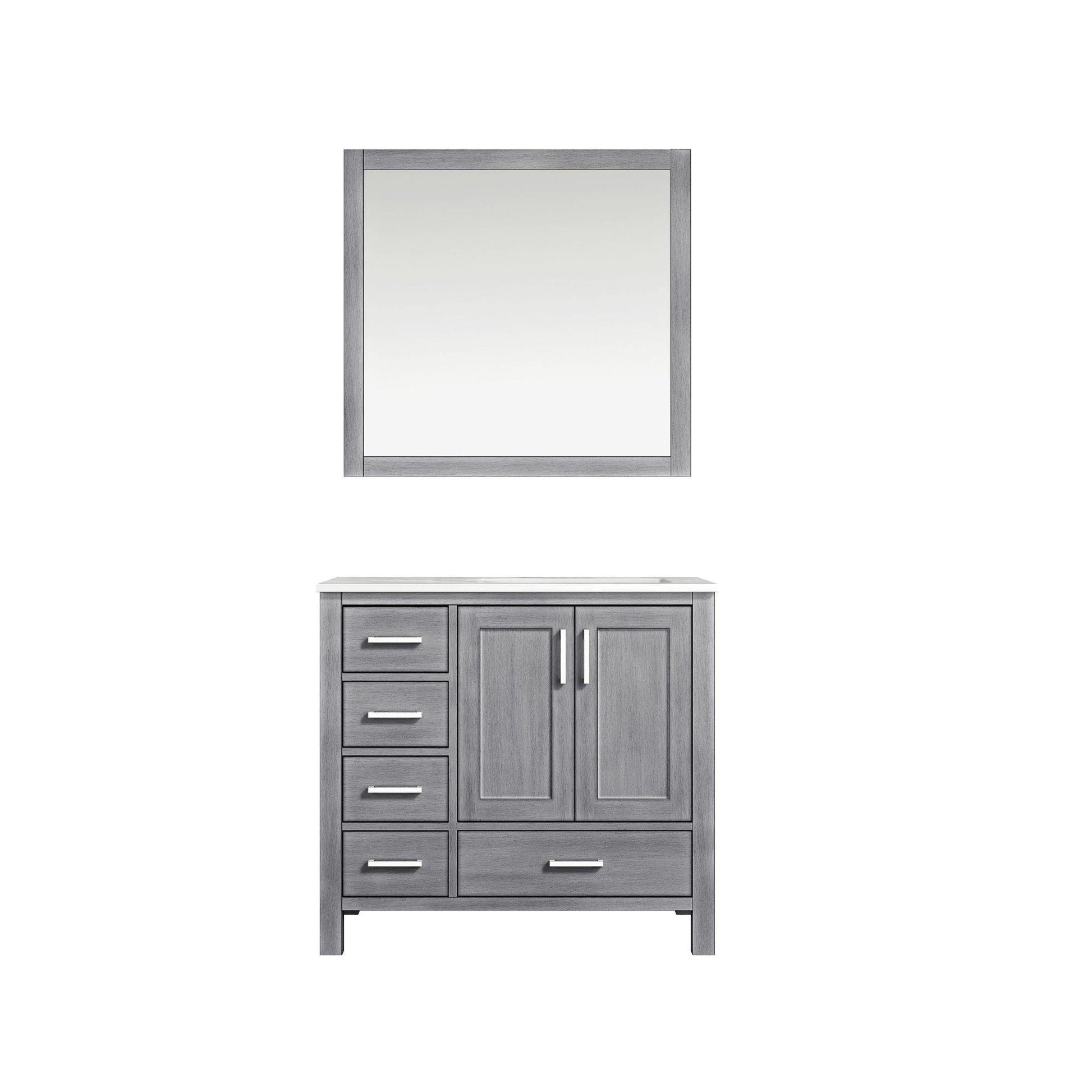 Jacques 36" White, Dark Grey, Distressed Grey, Navy Blue Single Vanity, Available with White Carrara Marble Top, White Square Sink and 34" Mirror and Faucet-Right Version - The Bath Vanities