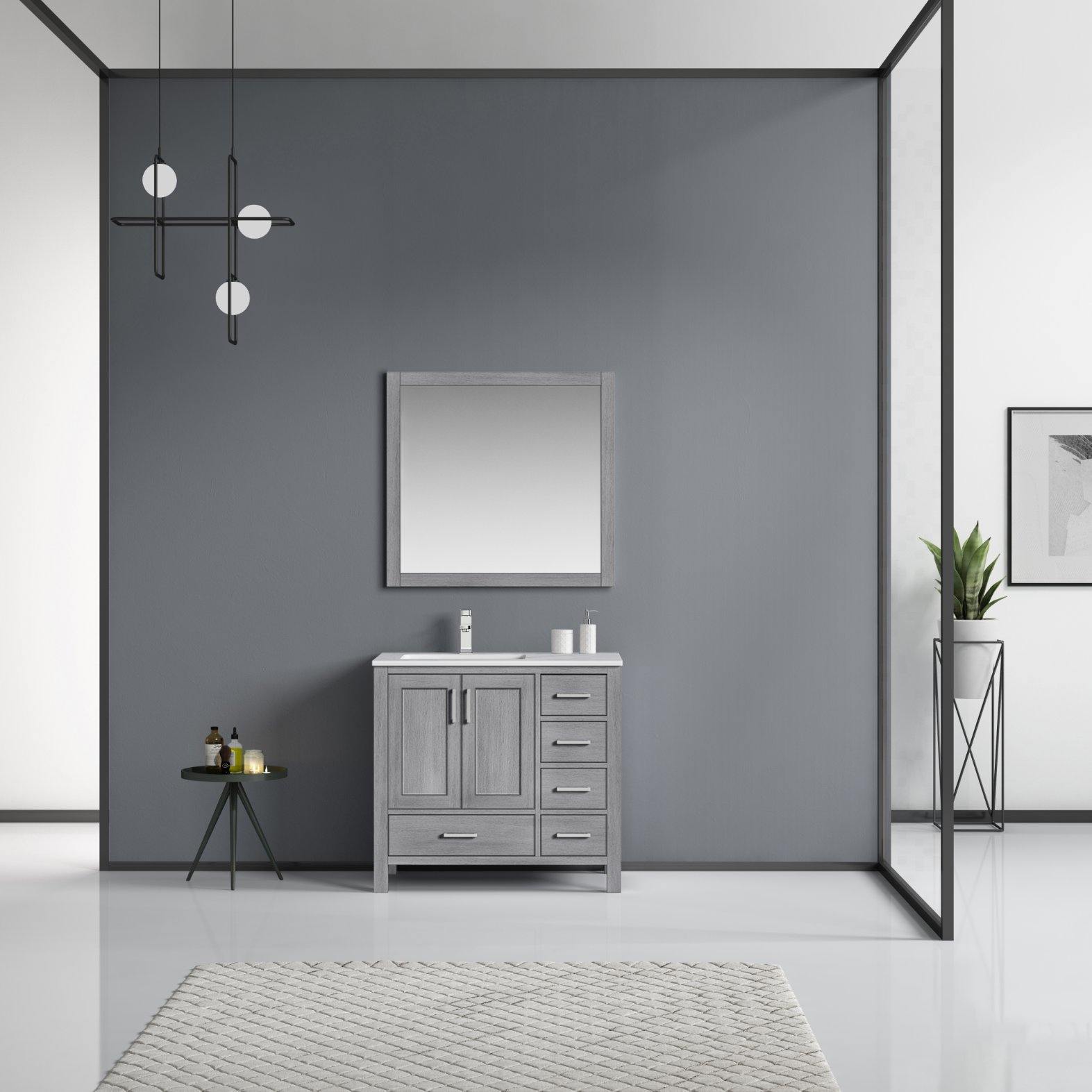 Jacques 36" White, Dark Grey, Distressed Grey, Navy Blue Single Vanity, Available with White Carrara Marble Top, White Square Sink and 34" Mirror and Faucet-Left Version - The Bath Vanities