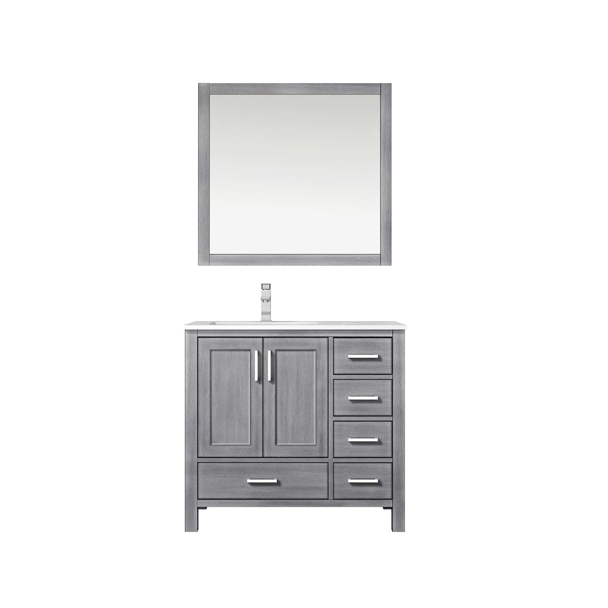 Jacques 36" White, Dark Grey, Distressed Grey, Navy Blue Single Vanity, Available with White Carrara Marble Top, White Square Sink and 34" Mirror and Faucet-Left Version - The Bath Vanities