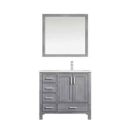 Jacques 36" White, Dark Grey, Distressed Grey, Navy Blue Single Vanity, Available with White Carrara Marble Top, White Square Sink and 34" Mirror and Faucet-Right Version - The Bath Vanities