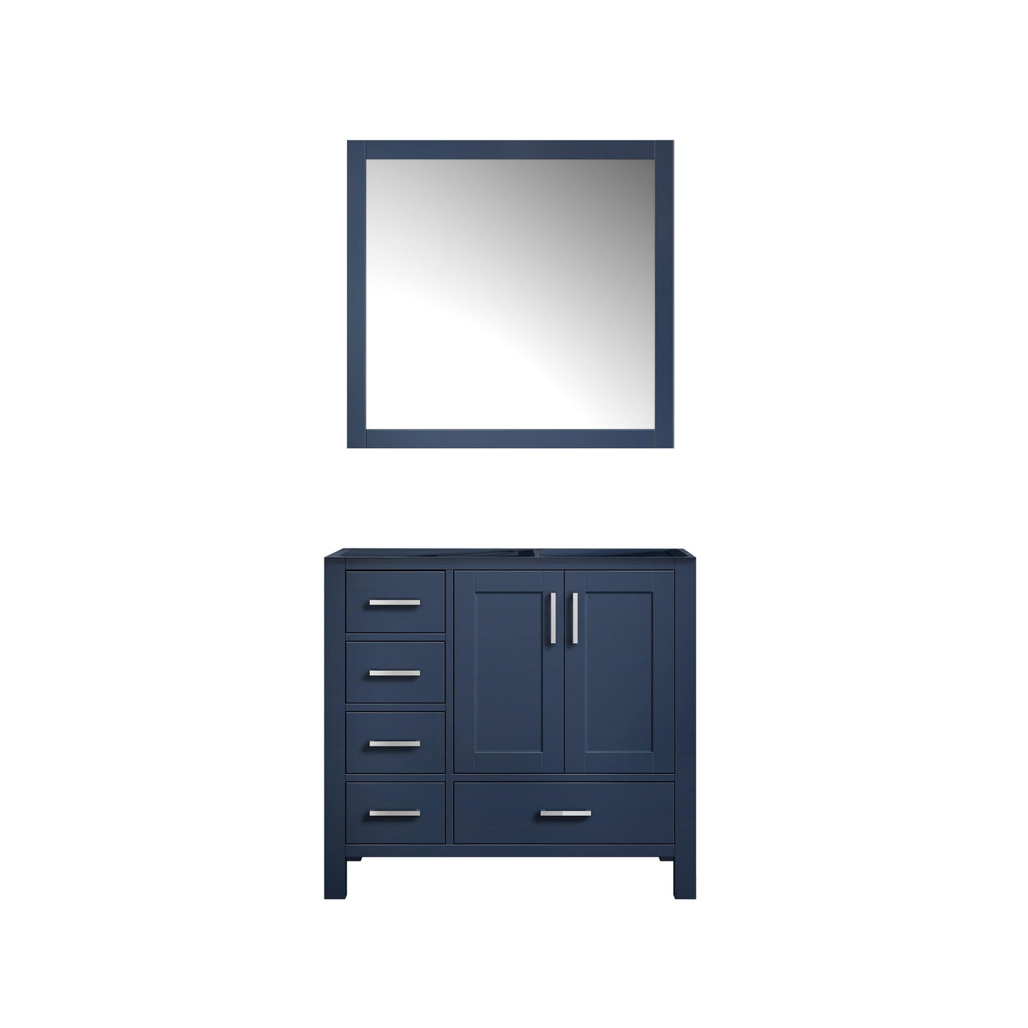 Jacques 36" White, Dark Grey, Distressed Grey, Navy Blue Single Vanity, Available with White Carrara Marble Top, White Square Sink and 34" Mirror and Faucet-Right Version - The Bath Vanities