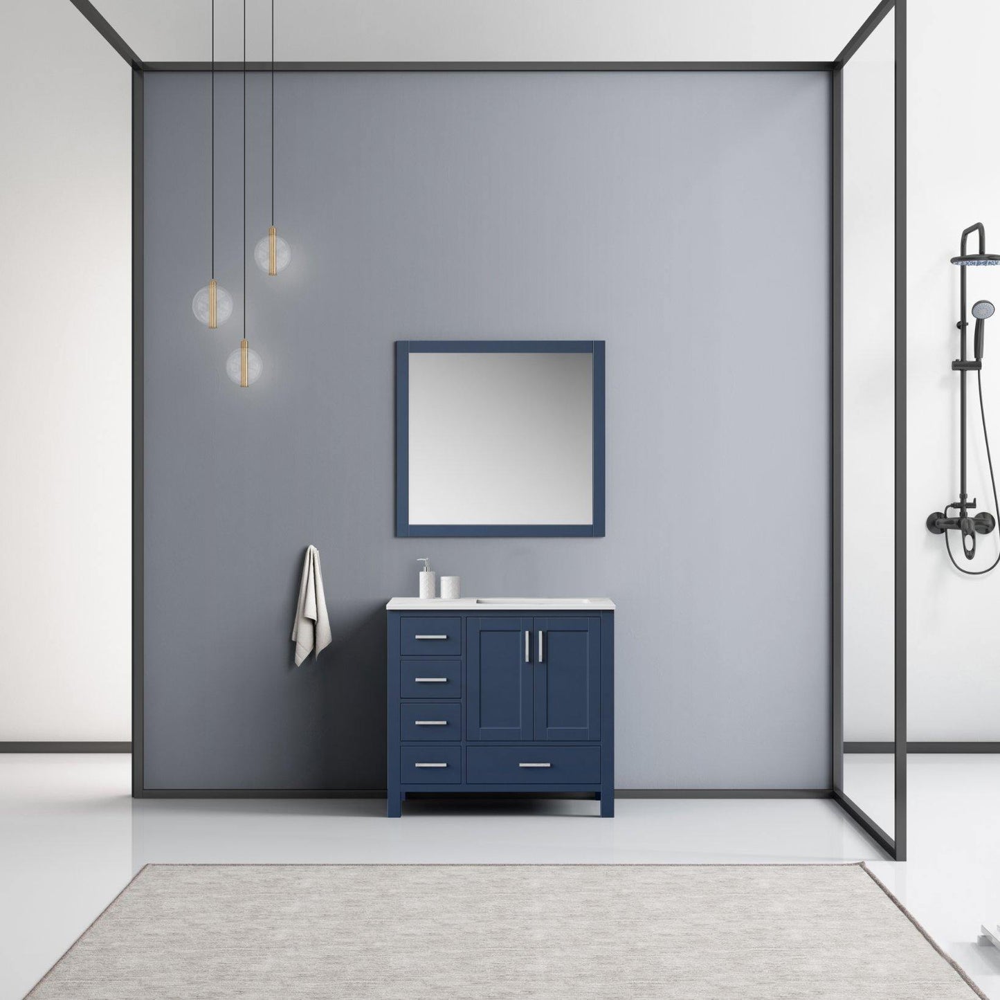 Jacques 36" White, Dark Grey, Distressed Grey, Navy Blue Single Vanity, Available with White Carrara Marble Top, White Square Sink and 34" Mirror and Faucet-Right Version - The Bath Vanities