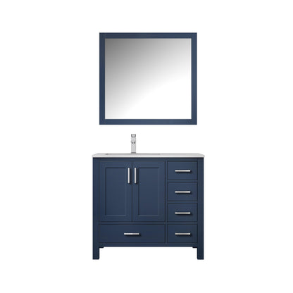 Jacques 36" White, Dark Grey, Distressed Grey, Navy Blue Single Vanity, Available with White Carrara Marble Top, White Square Sink and 34" Mirror and Faucet-Left Version - The Bath Vanities