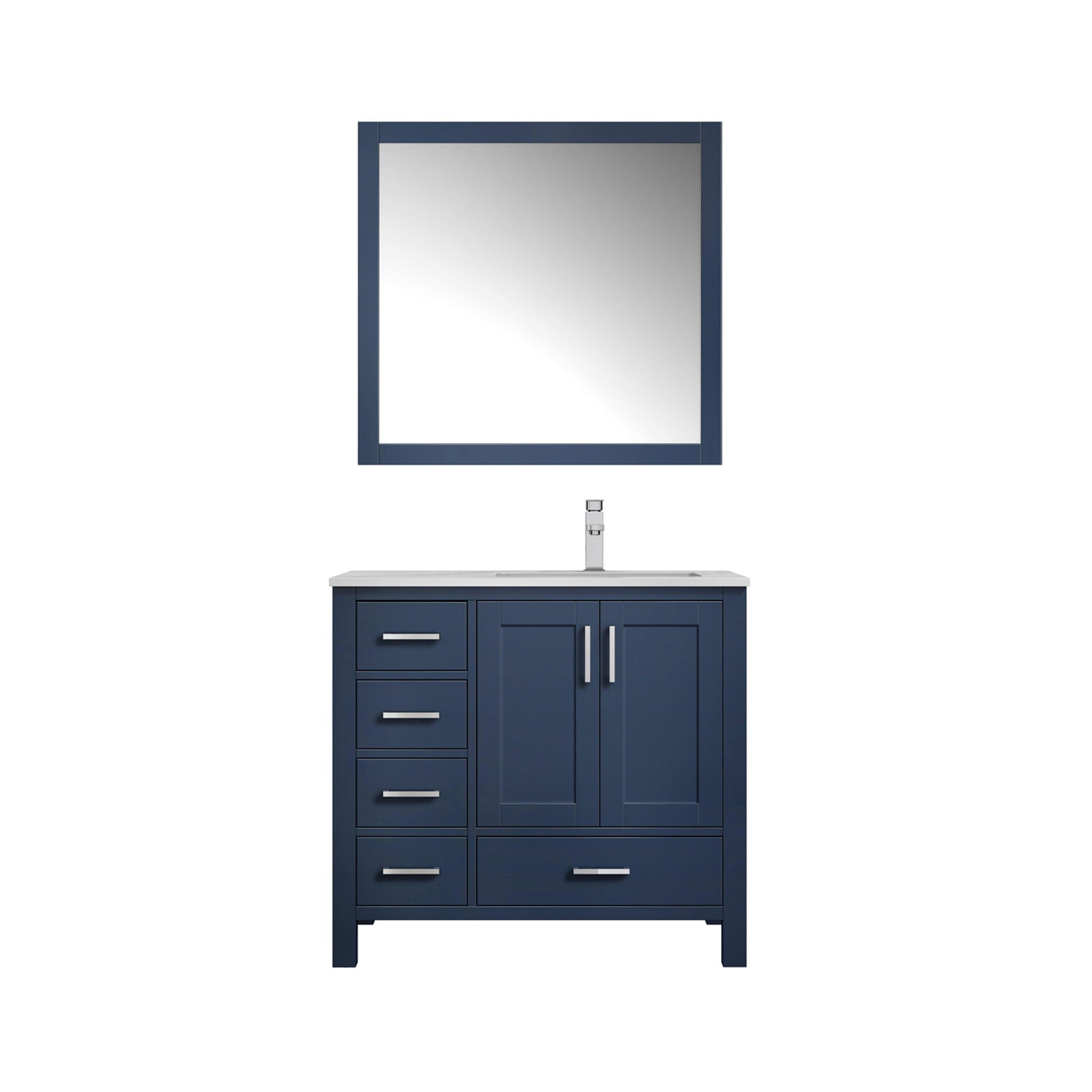 Jacques 36" White, Dark Grey, Distressed Grey, Navy Blue Single Vanity, Available with White Carrara Marble Top, White Square Sink and 34" Mirror and Faucet-Right Version - The Bath Vanities