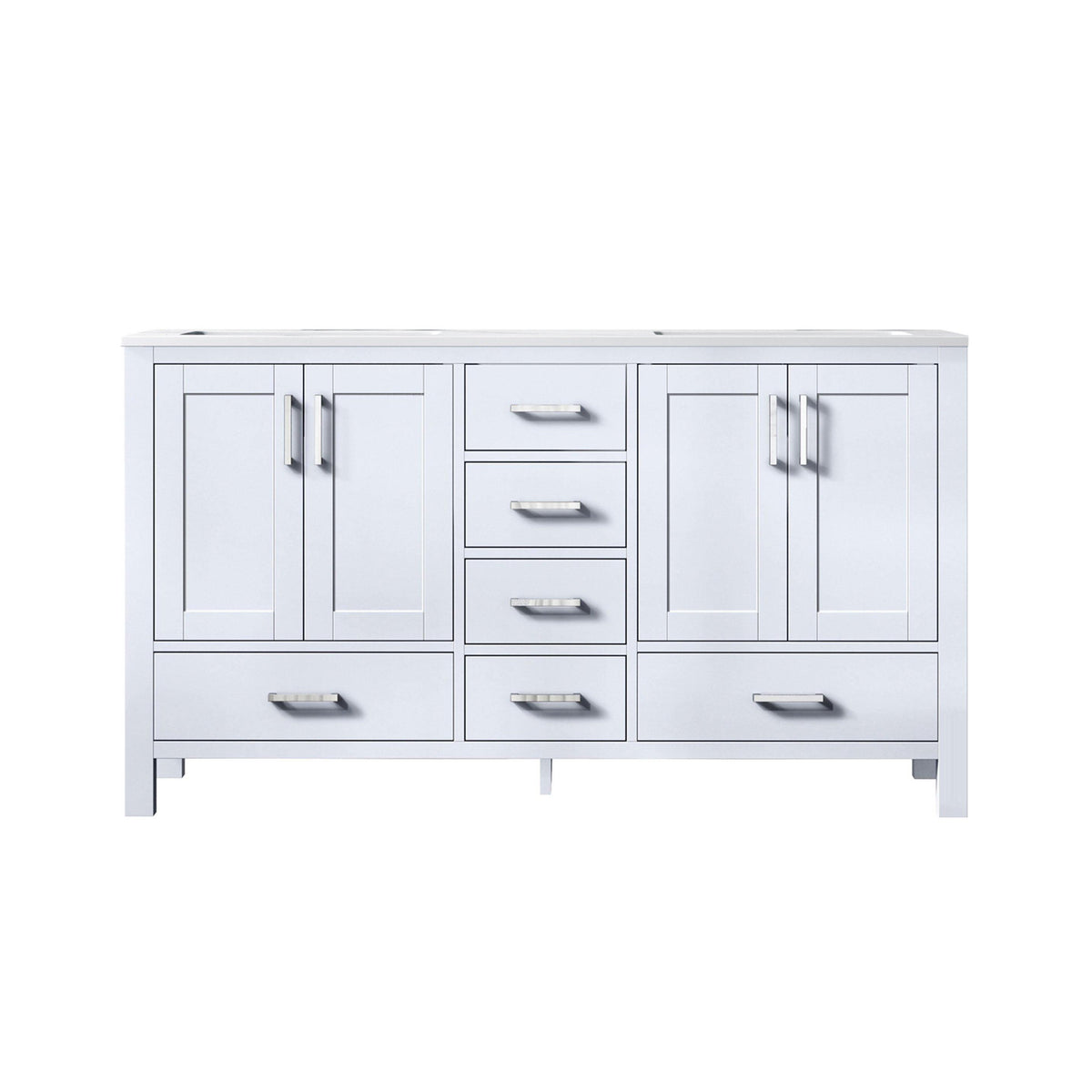 Jacques 60" White, Dark Grey, Distressed Grey Double Vanity, Available with White Carrara Marble Top, White Square Sink, 58" Mirror and Faucet - The Bath Vanities