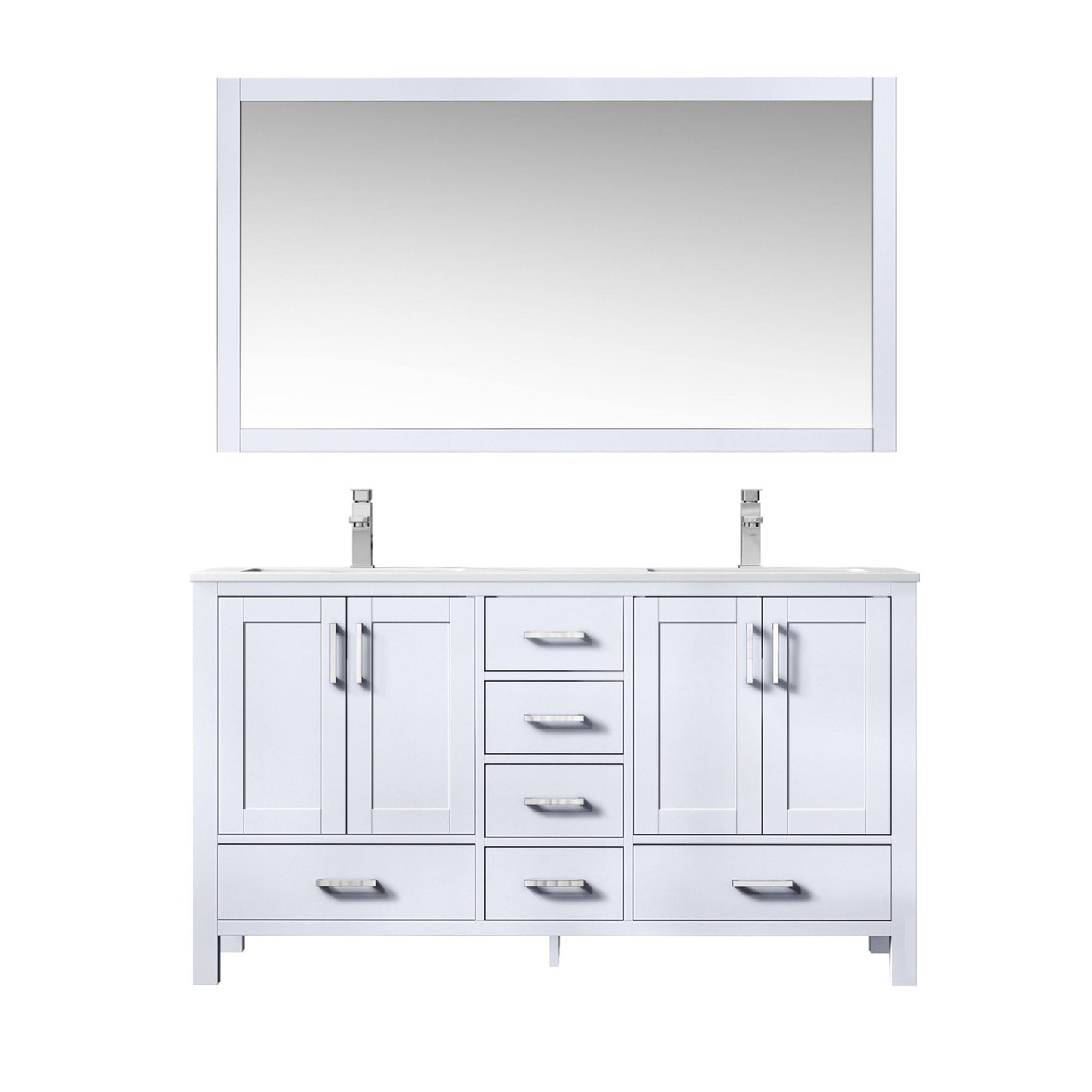 Jacques 60" White, Dark Grey, Distressed Grey Double Vanity, Available with White Carrara Marble Top, White Square Sink, 58" Mirror and Faucet - The Bath Vanities