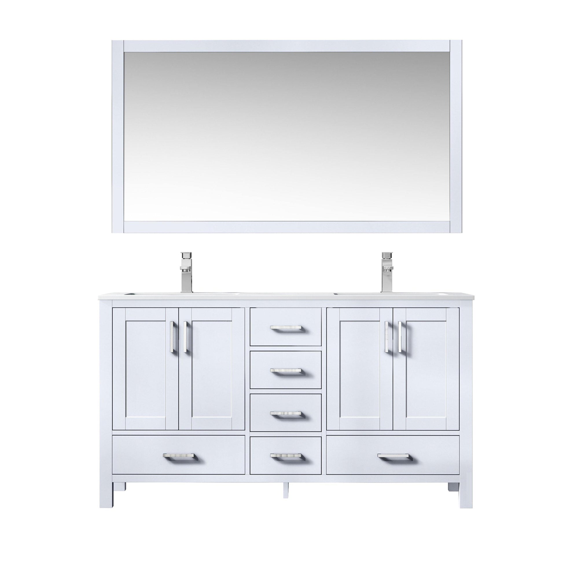 Jacques 60" White, Dark Grey, Distressed Grey Double Vanity, Available with White Carrara Marble Top, White Square Sink, 58" Mirror and Faucet - The Bath Vanities