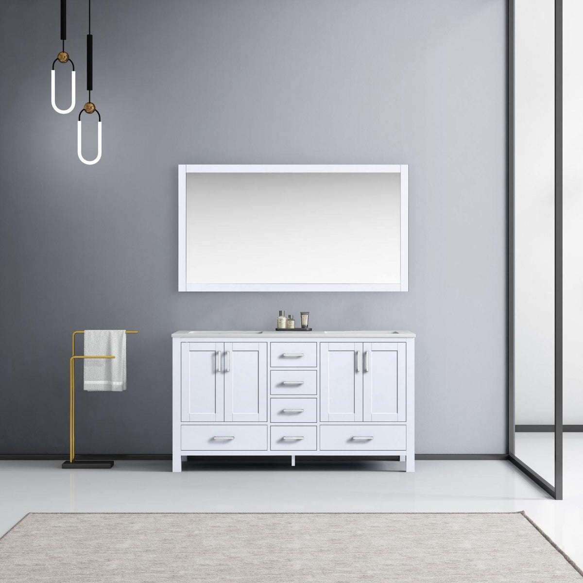 Jacques 60" White, Dark Grey, Distressed Grey Double Vanity, Available with White Carrara Marble Top, White Square Sink, 58" Mirror and Faucet - The Bath Vanities