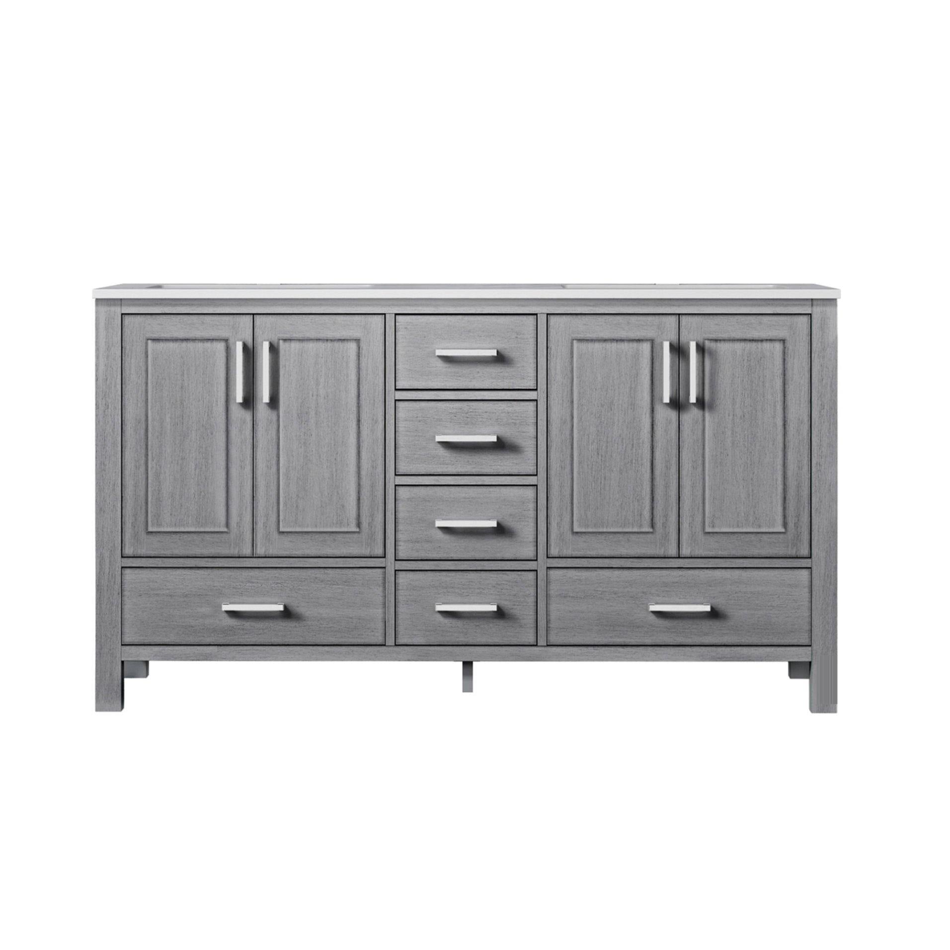 Jacques 60" White, Dark Grey, Distressed Grey Double Vanity, Available with White Carrara Marble Top, White Square Sink, 58" Mirror and Faucet - The Bath Vanities