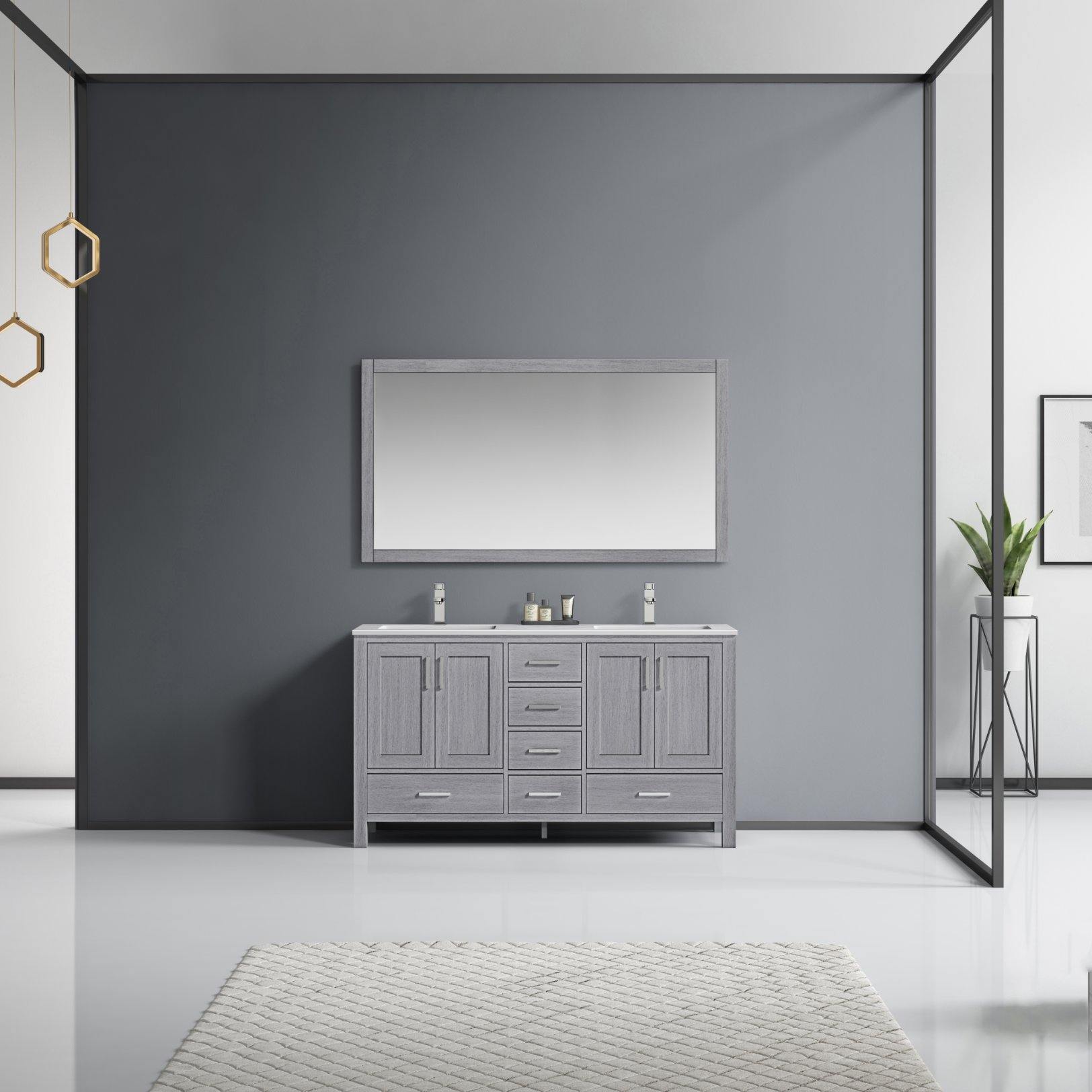 Jacques 60" White, Dark Grey, Distressed Grey Double Vanity, Available with White Carrara Marble Top, White Square Sink, 58" Mirror and Faucet - The Bath Vanities