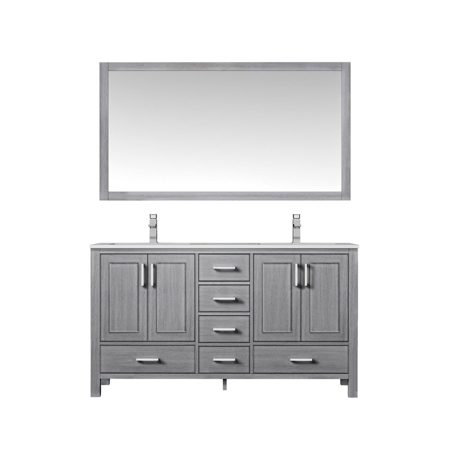 Jacques 60" White, Dark Grey, Distressed Grey Double Vanity, Available with White Carrara Marble Top, White Square Sink, 58" Mirror and Faucet - The Bath Vanities