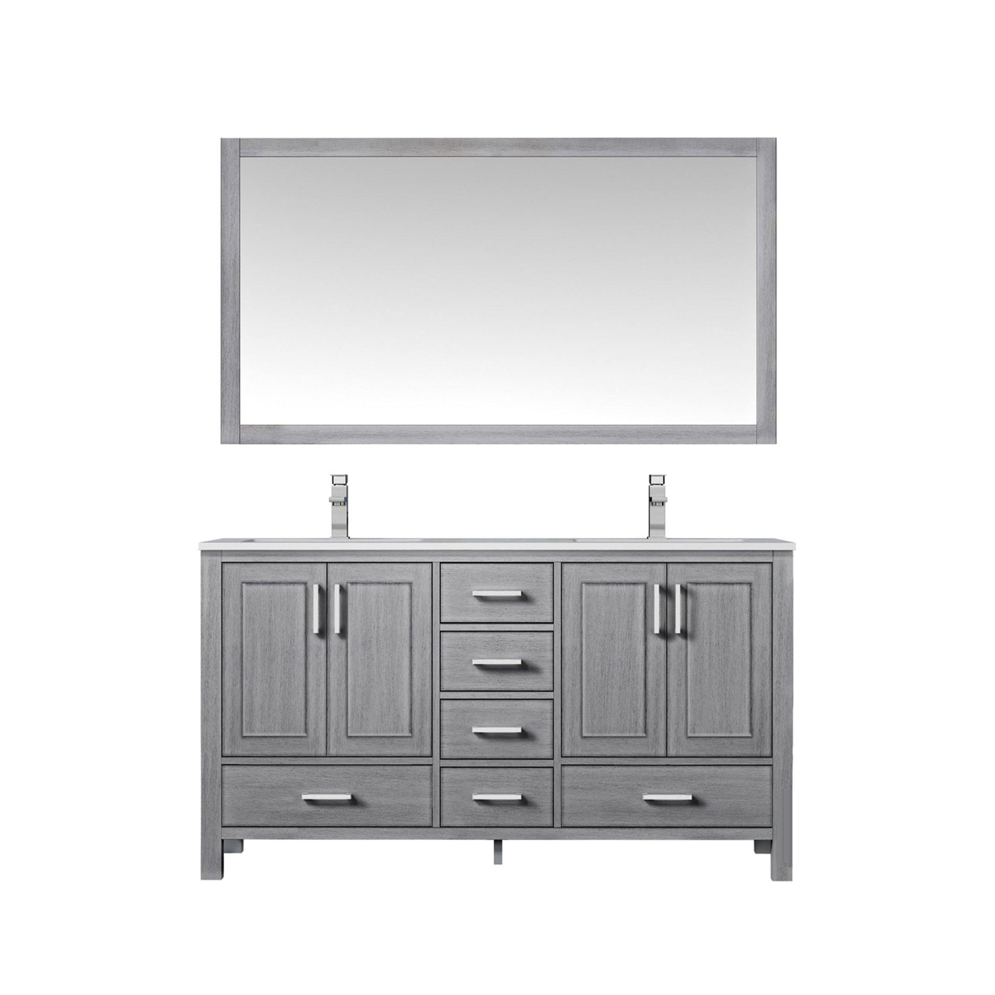 Jacques 60" White, Dark Grey, Distressed Grey Double Vanity, Available with White Carrara Marble Top, White Square Sink, 58" Mirror and Faucet - The Bath Vanities