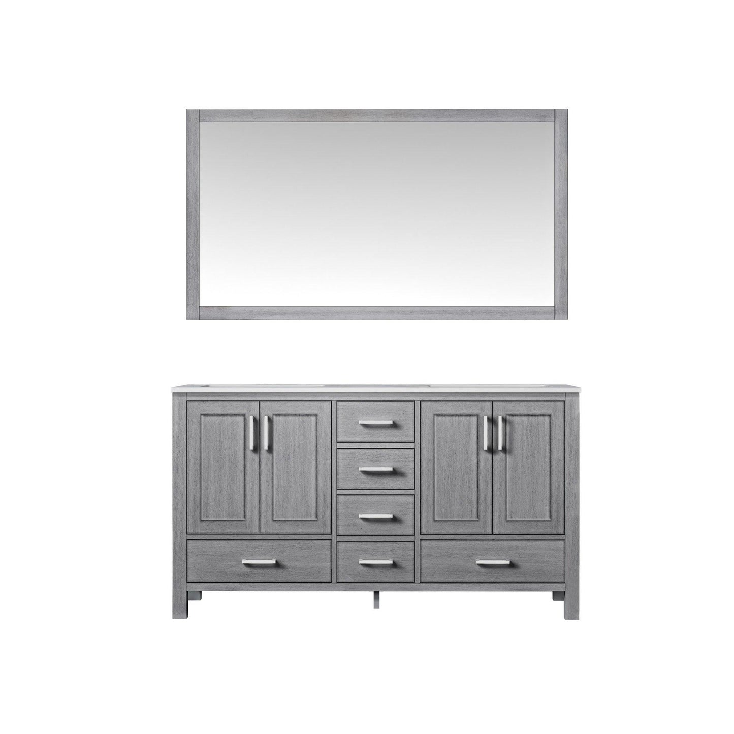 Jacques 60" White, Dark Grey, Distressed Grey Double Vanity, Available with White Carrara Marble Top, White Square Sink, 58" Mirror and Faucet - The Bath Vanities