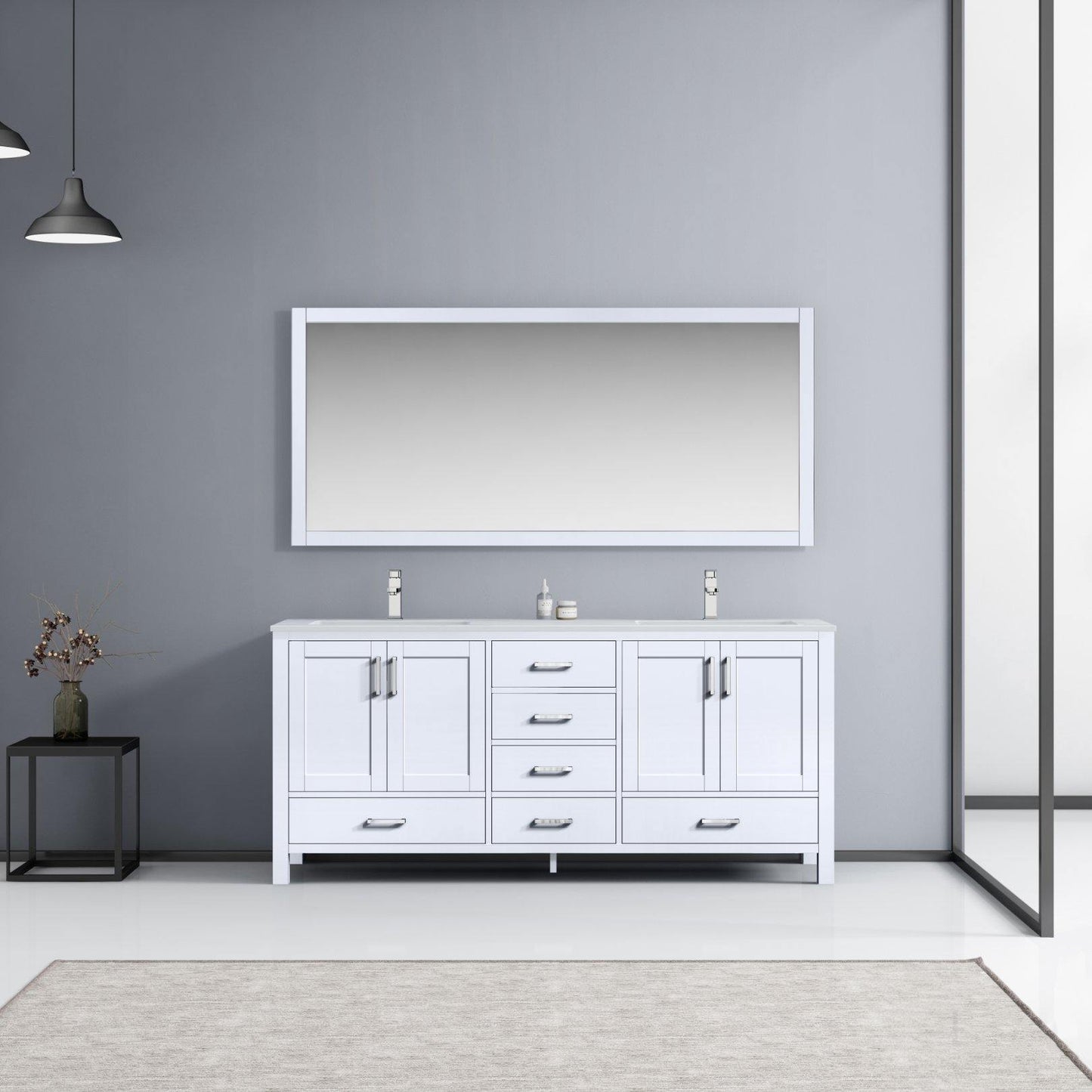 Jacques 72" White, Dark Grey, Distressed Grey Double Vanity, Available with White Carrara Marble Top, White Square Sink and 70" Mirror and Faucet - The Bath Vanities