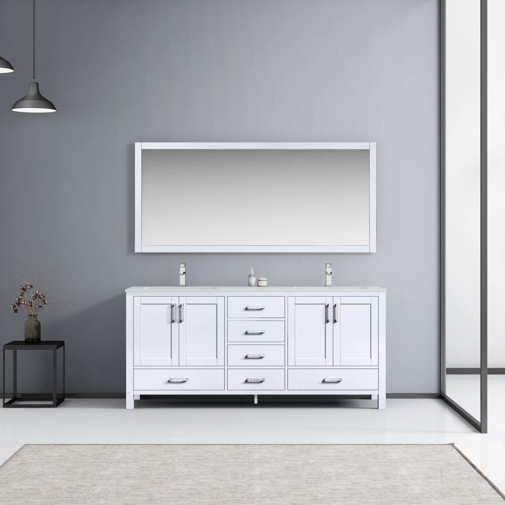 Jacques 72" White, Dark Grey, Distressed Grey Double Vanity, Available with White Carrara Marble Top, White Square Sink and 70" Mirror and Faucet - The Bath Vanities