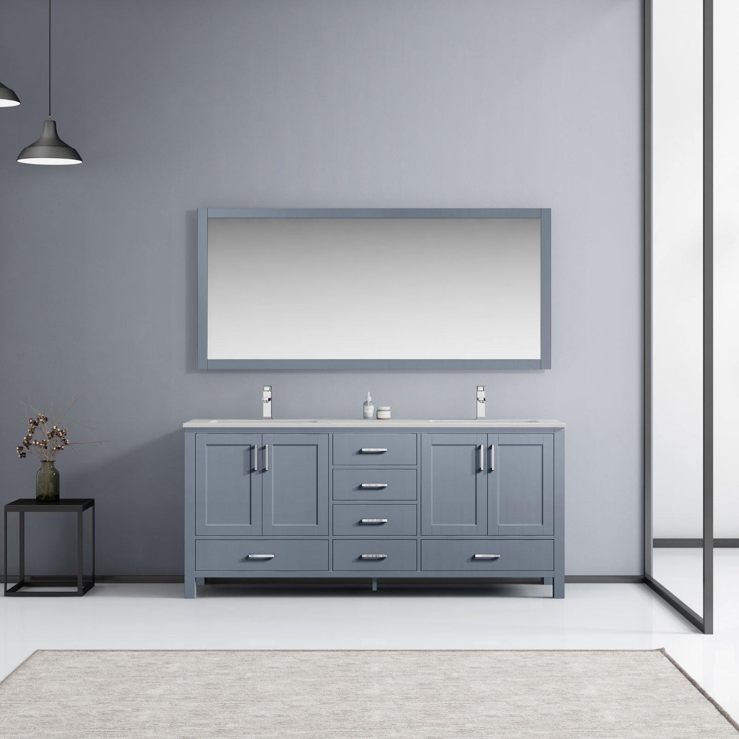 Jacques 72" White, Dark Grey, Distressed Grey Double Vanity, Available with White Carrara Marble Top, White Square Sink and 70" Mirror and Faucet - The Bath Vanities