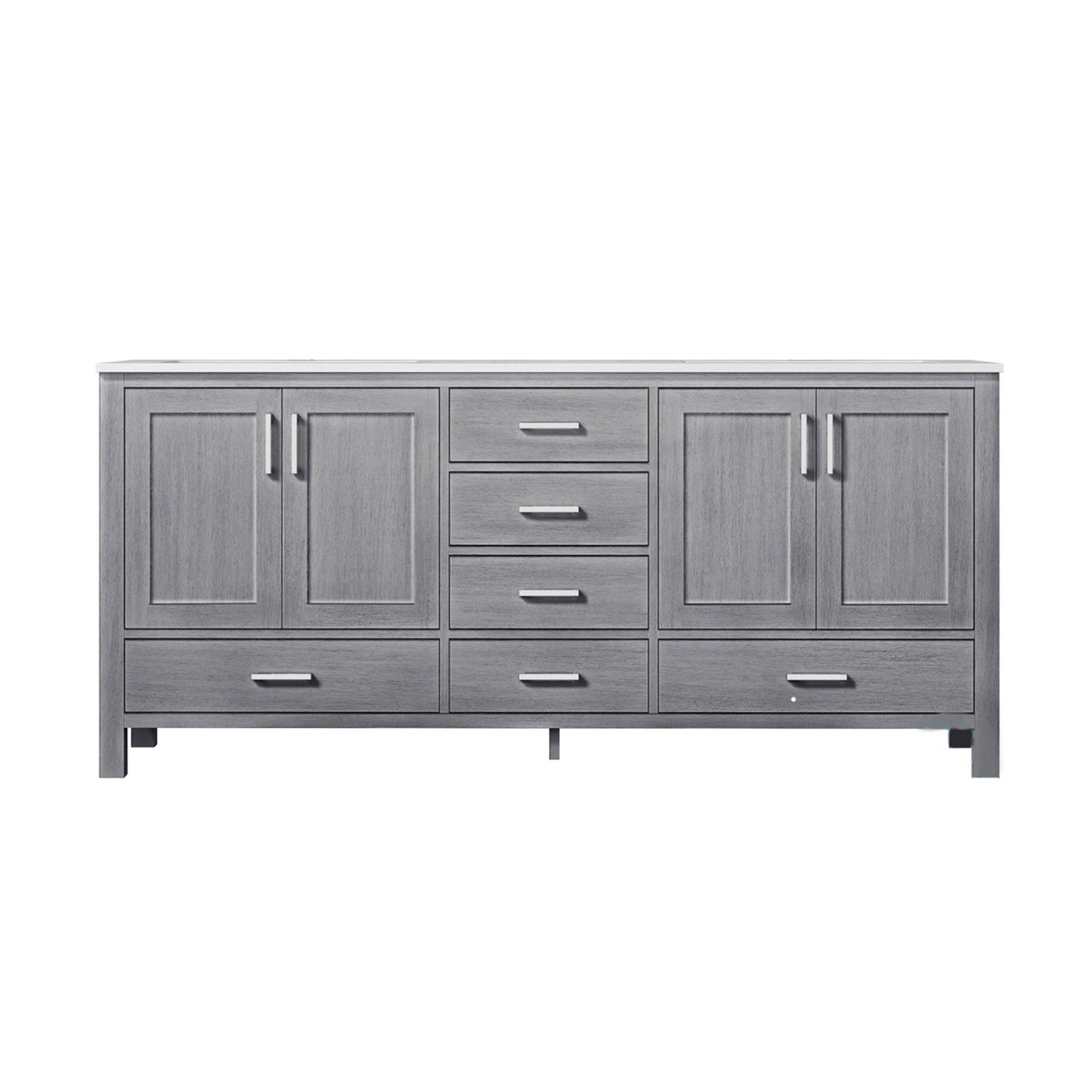 Jacques 72" White, Dark Grey, Distressed Grey Double Vanity, Available with White Carrara Marble Top, White Square Sink and 70" Mirror and Faucet - The Bath Vanities