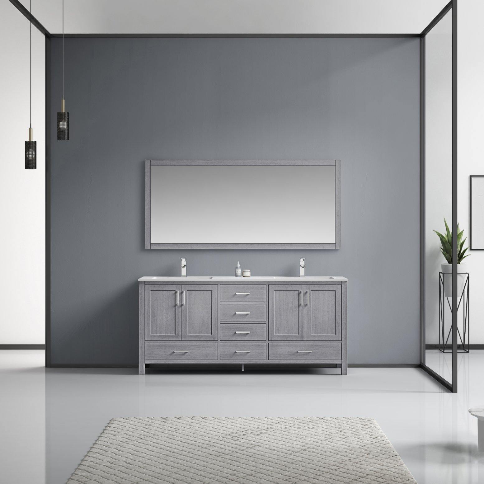 Jacques 72" White, Dark Grey, Distressed Grey Double Vanity, Available with White Carrara Marble Top, White Square Sink and 70" Mirror and Faucet - The Bath Vanities