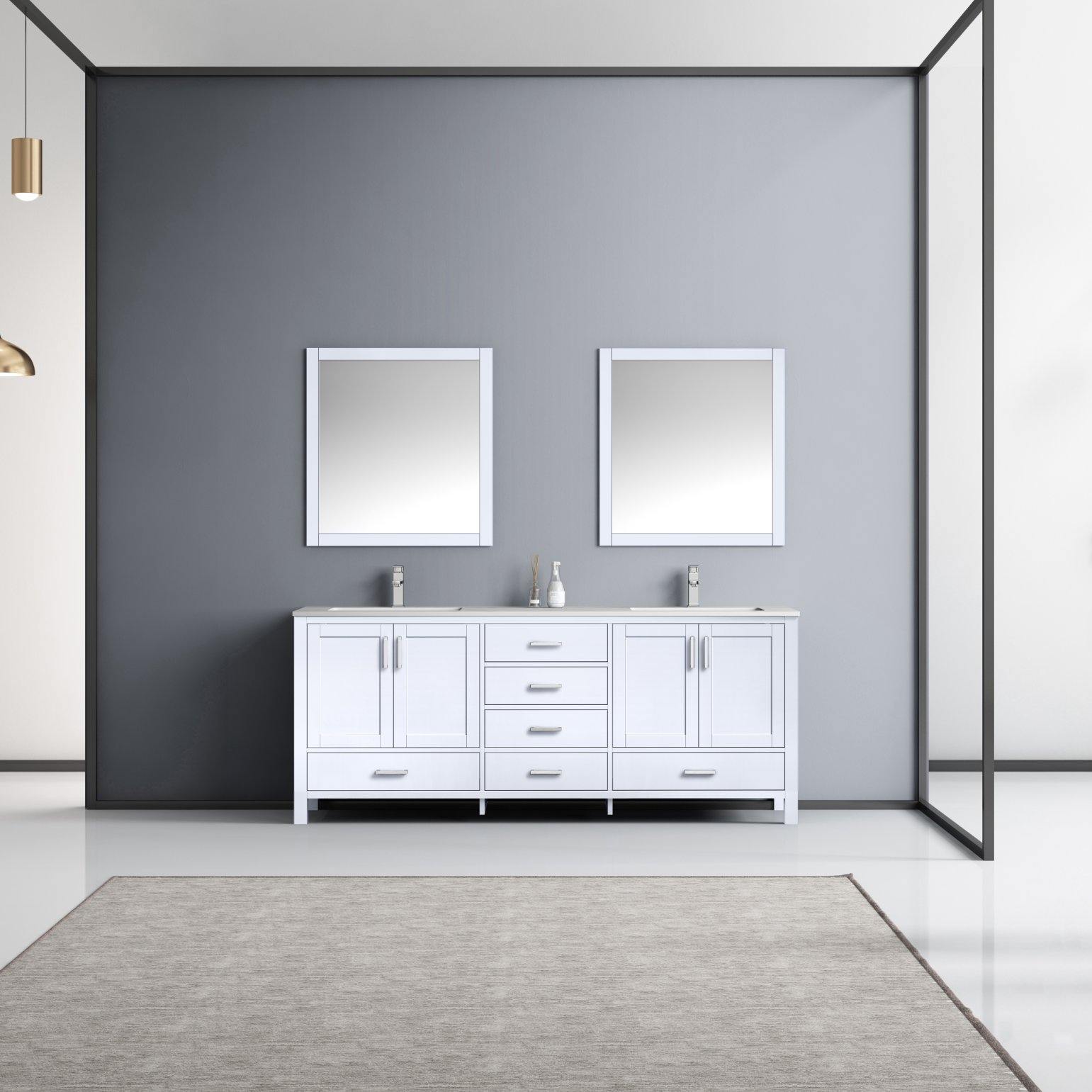 Jacques 80" White, Dark Grey, Distressed Grey Double Vanity, Available with White Carrara Marble Top, White Square Sink, 30" Mirror and Faucet - The Bath Vanities