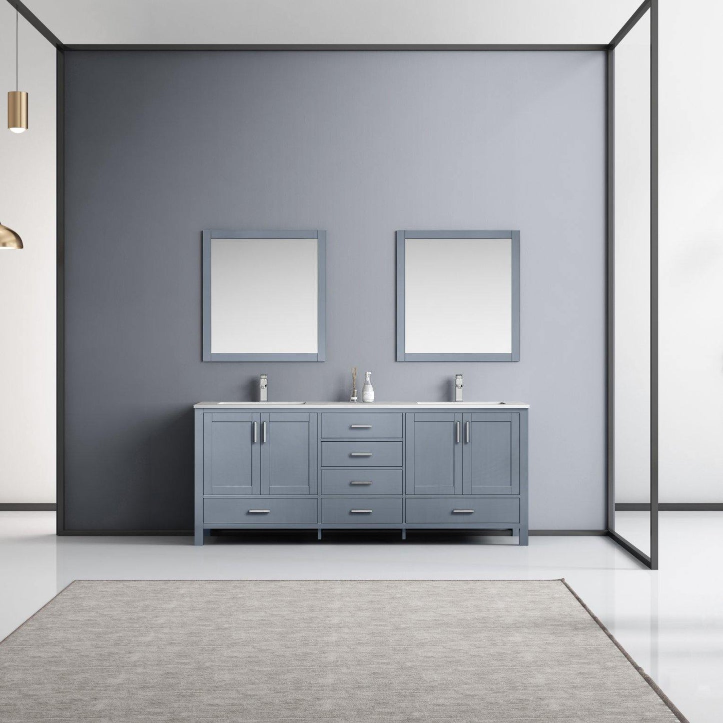 Jacques 80" White, Dark Grey, Distressed Grey Double Vanity, Available with White Carrara Marble Top, White Square Sink, 30" Mirror and Faucet - The Bath Vanities