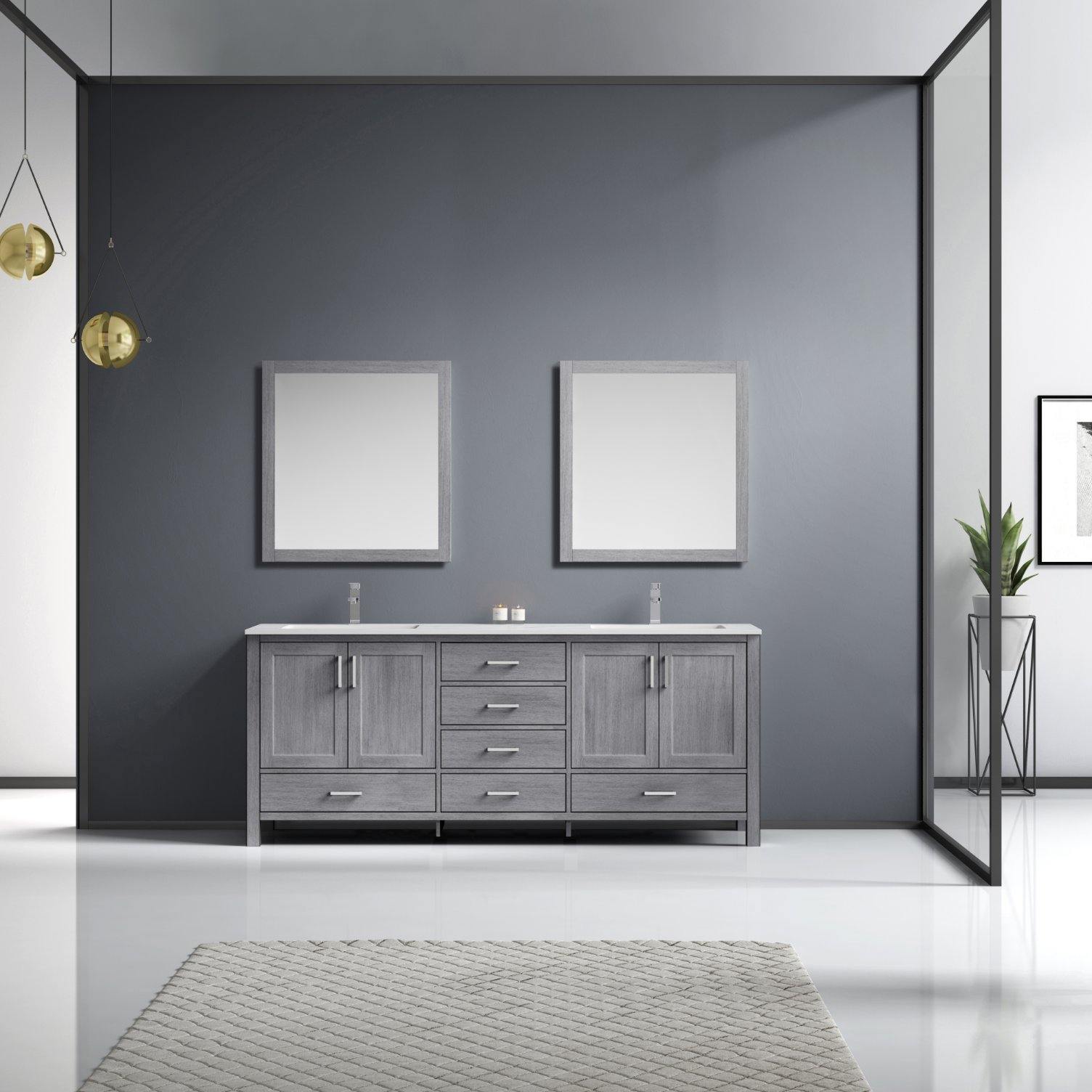 Jacques 80" White, Dark Grey, Distressed Grey Double Vanity, Available with White Carrara Marble Top, White Square Sink, 30" Mirror and Faucet - The Bath Vanities