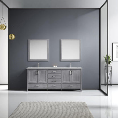 Jacques 80" White, Dark Grey, Distressed Grey Double Vanity, Available with White Carrara Marble Top, White Square Sink, 30" Mirror and Faucet - The Bath Vanities