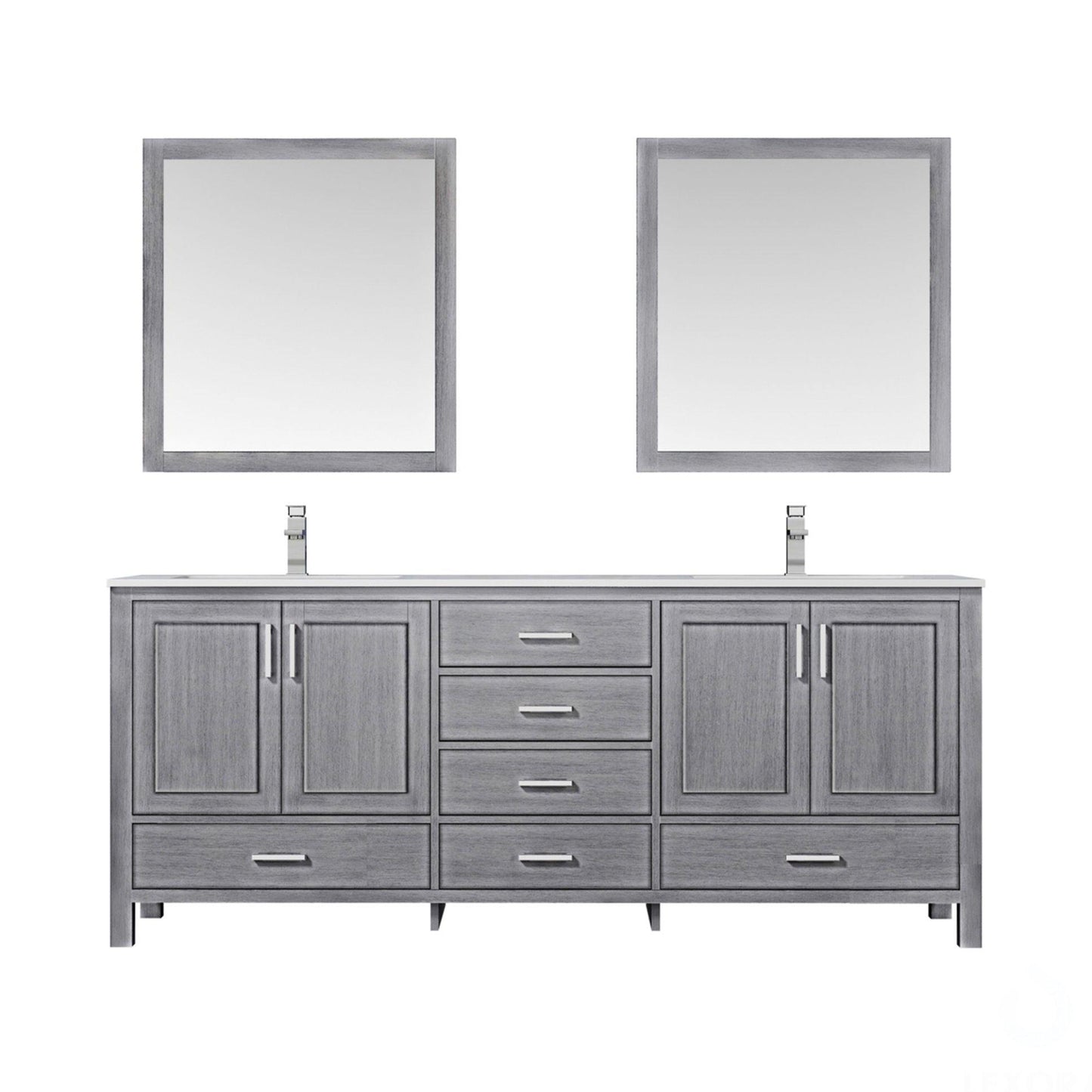 Jacques 80" White, Dark Grey, Distressed Grey Double Vanity, Available with White Carrara Marble Top, White Square Sink, 30" Mirror and Faucet - The Bath Vanities