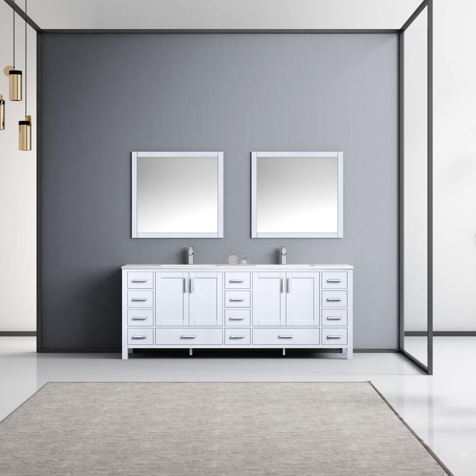 Jacques 84" White, Dark Grey, Distressed Grey Double Vanity, Available with White Carrara Marble Top, White Square Sink, 34" Mirror and Faucet - The Bath Vanities