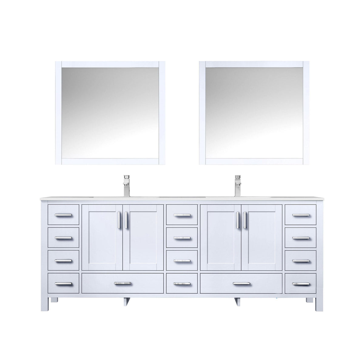 Jacques 84" White, Dark Grey, Distressed Grey Double Vanity, Available with White Carrara Marble Top, White Square Sink, 34" Mirror and Faucet - The Bath Vanities