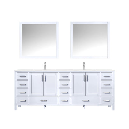 Jacques 84" White, Dark Grey, Distressed Grey Double Vanity, Available with White Carrara Marble Top, White Square Sink, 34" Mirror and Faucet - The Bath Vanities